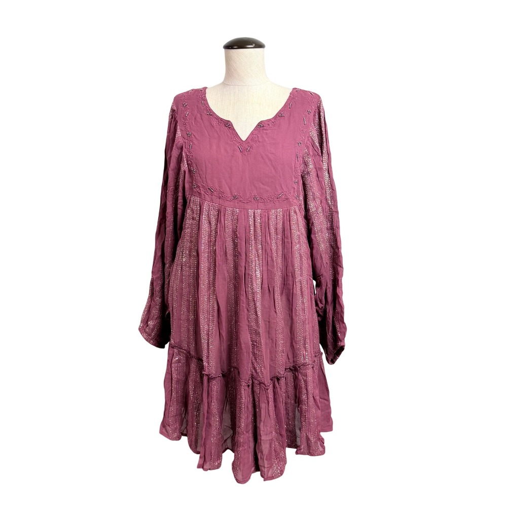 NWT Raga Women Small Plum Purple Beaded Metallic Stripe Babydoll Mini Dress Boho - Picture 1 of 12